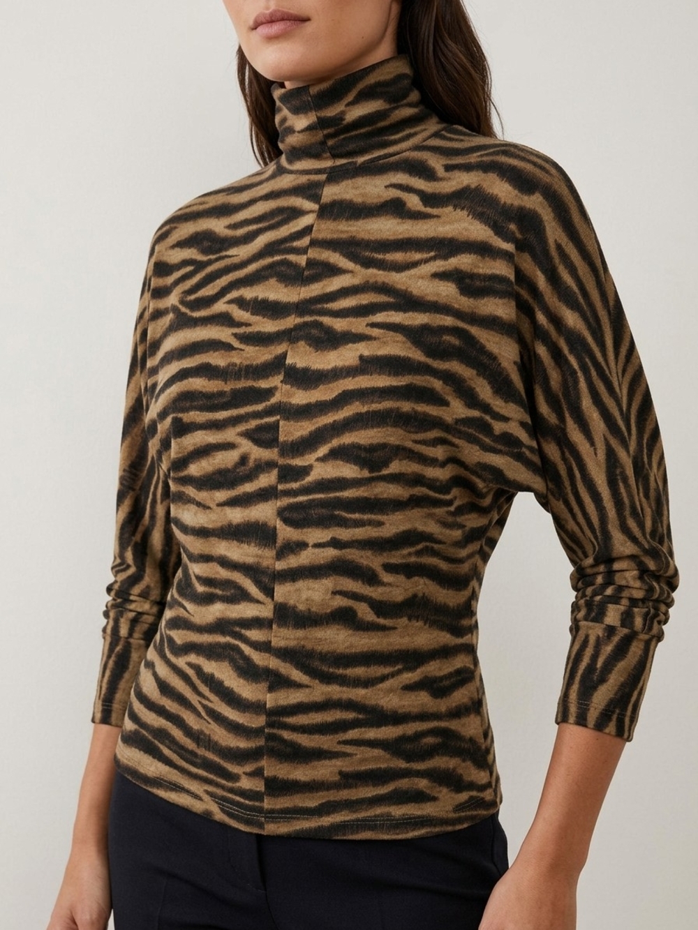 Cami International Tan and Black Dolman Animal-Print Funnel Neck Sweater Size M